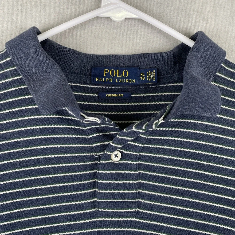 Polo Ralph Lauren Mens XL Custom Fit Striped Preppy Polo Shirt Blue Green Cotton